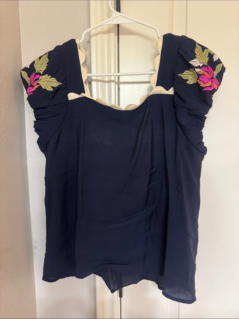 THML Navy Square-Neck Puff Sleeve Blouse with Pink Floral Embroidery - Picture 4 of 4
